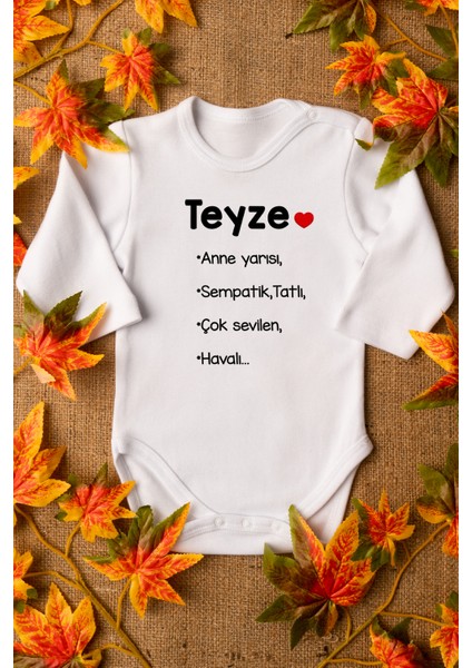 Unisex Bebek Teyze Anne Yarısı Yazılı Organik Baskılı Uzun Kollu Beyaz Çıtçıtlı Body / Zıbın 8008