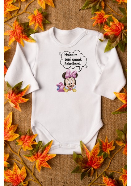 Mickey Mouse Hala Seni Çok Özledim Organik Baskılı %100 Pamuklu Beyaz Çıtçıtlı Body Zıbın 8072