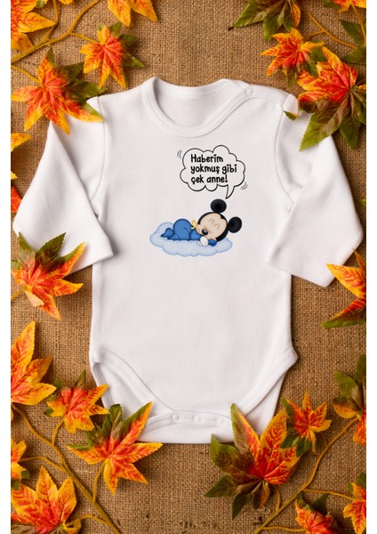 Mickey Mouse Haberim Yokmuş Gibi Çek Organik Baskılı %100 Pamuklu Beyaz Çıtçıtlı Body Zıbın 8073