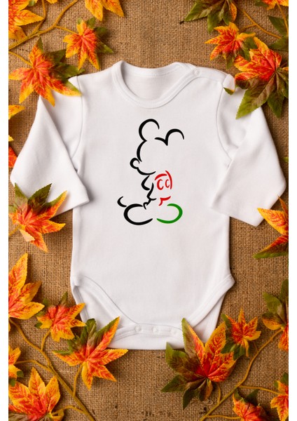 Mickey Mouse Organik Baskılı %100 Pamuklu Beyaz Çıtçıtlı Body Zıbın 8074