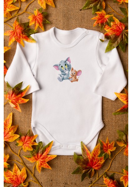 Unisex Bebek Tom ve Jerry Organik Baskılı %100 Pamuklu Beyaz Çıtçıtlı Body Zıbın 8078