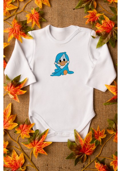 Unisex Bebek Daffy Duck Organik Baskılı %100 Pamuklu Beyaz Çıtçıtlı Body Zıbın 8080