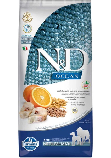 Nd Ocean Düşük Tahıllı Morina Balıklı Portakallı Adult Medium Maxi 1 kg Doypack