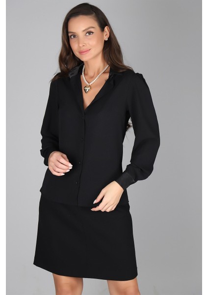 Sweetness Kadın Siyah Saten Detaylı Krep Gömlek fırsatları
