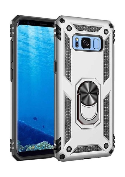 Samsung Galaxy S8 Kılıf Çift Katmanlı Yüzüklü Manyetik Vega Kapak + Tam Kaplayan 6d Polymer Nano Ekran Koruyucu Gümüş