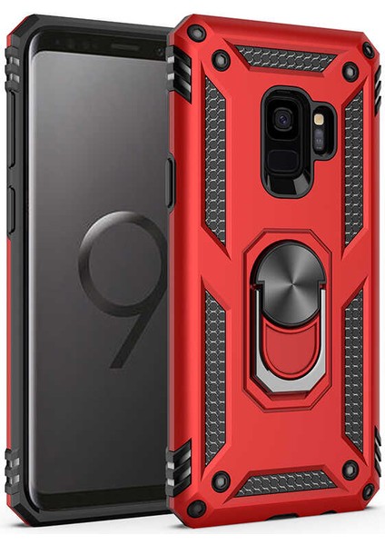 Samsung Galaxy S9 Kılıf Çift Katmanlı Yüzüklü Manyetik Vega Kapak + Tam Kaplayan 6d Polymer Nano Ekran Koruyucu Kırmızı