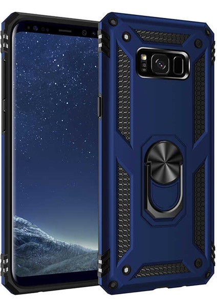 Samsung Galaxy S8 Plus Kılıf Çift Katmanlı Yüzüklü Manyetik Vega Kapak + Tam Kaplayan 6d Polymer Nano Ekran Koruyucu Lacivert