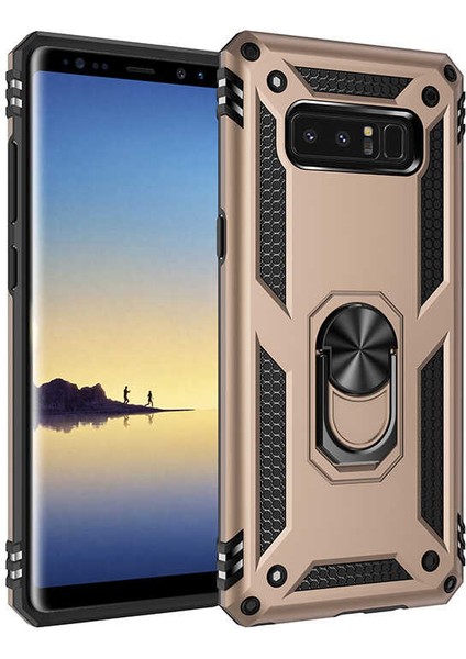 Samsung Galaxy Note 8 Kılıf Çift Katmanlı Yüzüklü Manyetik Vega Kapak + Tam Kaplayan 6d Polymer Nano Ekran Koruyucu Gold