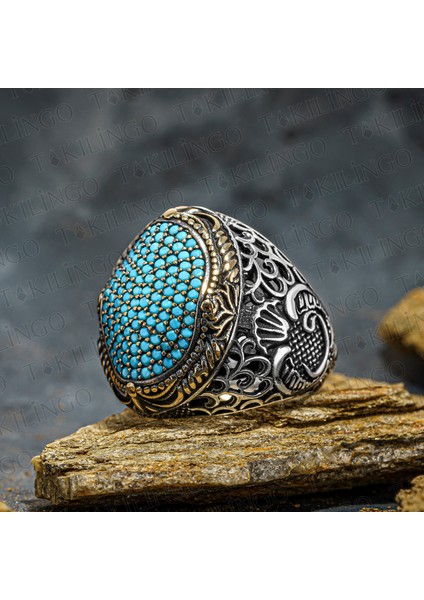 Turkuaz Firuze Taşlı Zirkon Işlemeli Usta Işi Vav Desenli 925 Ayar Gümüş Erkek Yüzük