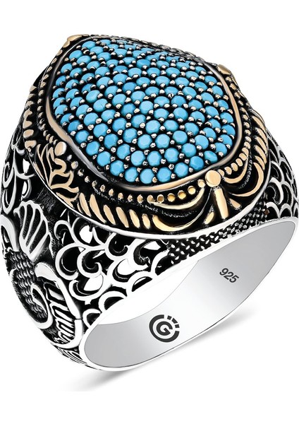 Turkuaz Firuze Taşlı Zirkon Işlemeli Usta Işi Vav Desenli 925 Ayar Gümüş Erkek Yüzük fiyatları