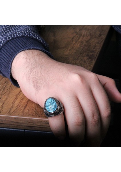 Turkuaz Firuze Taşlı Zirkon Işlemeli Usta Işi Vav Desenli 925 Ayar Gümüş Erkek Yüzük modelleri