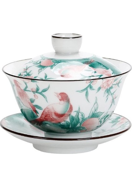 Jingdezhen Gaiwan Renkli Şube Kuş Tureen Kapaklı Seramik Kupası Kapak Tabağı Seti Çay Kase Drinkware Dekor Zanaat Hediye Teaset | Çay Tureen (Yurt Dışından)