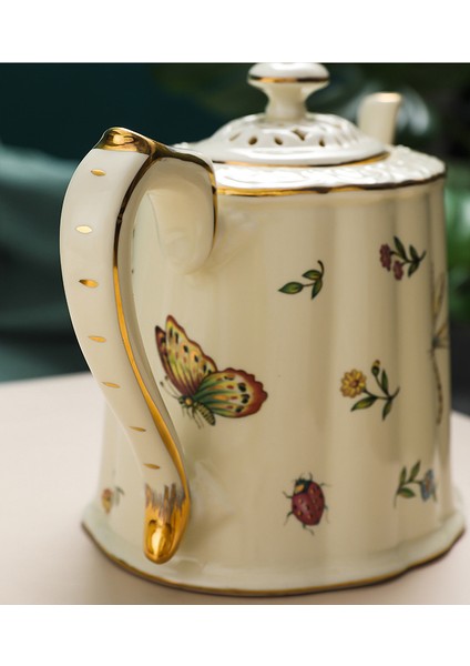 Fincan Avrupa Tarzı Çiçek Çay Kahve Fincanı Tabağı Su Isıtıcısı Seti Retro Pastoral Retro Set Saray Tarzı Seramik Pot Kupası (Yurt Dışından)