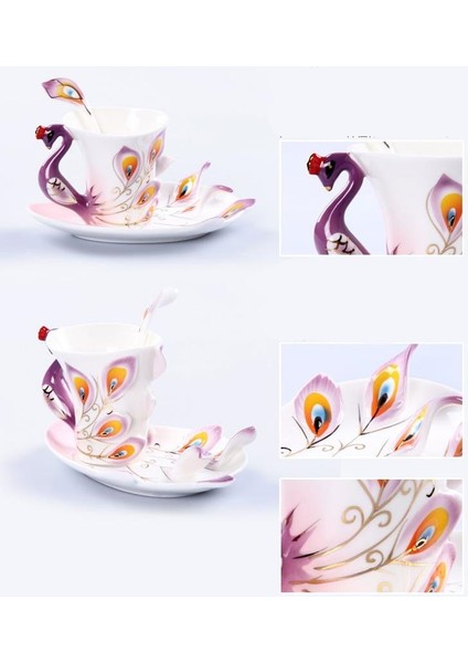 3D Renk Emaye Hayvan Kahve Fincanı Sos ve Kaşık Seti ile Seramik Çay Bardak Porselen Drinkware | Teacups (Mor) (Yurt Dışından)