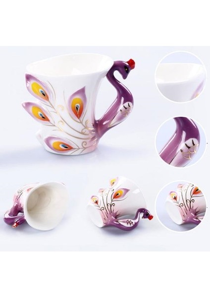 3D Renk Emaye Hayvan Kahve Fincanı Sos ve Kaşık Seti ile Seramik Çay Bardak Porselen Drinkware | Teacups (Mor) (Yurt Dışından)
