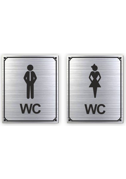 Wc Bay Bayan Kapi Uyari - 2 Adet Yönlendirme Levhasi Gümüş Renkli 10 cm x 12 cm Rezopal Levha