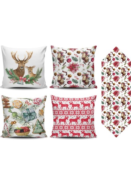 Yılbaşı Özel Modern Desenli 4lü Kombin Kırlent Kılıfı+Runner