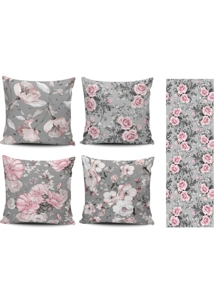 Gül Desenli Özel Tasarım 4lü Kombin Kırlent Kılıfı+Runner