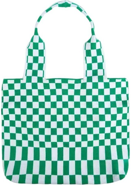 Chic Checkerboard Kadın Kızlar Örme Omuz Çantası Casual Tote Yeşil Mavi(Yurt Dışından)