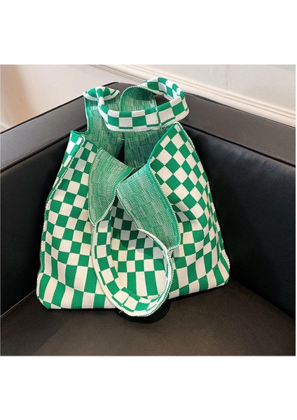 Chic Checkerboard Kadın Kızlar Örme Omuz Çantası Casual Tote Yeşil Mavi(Yurt Dışından)