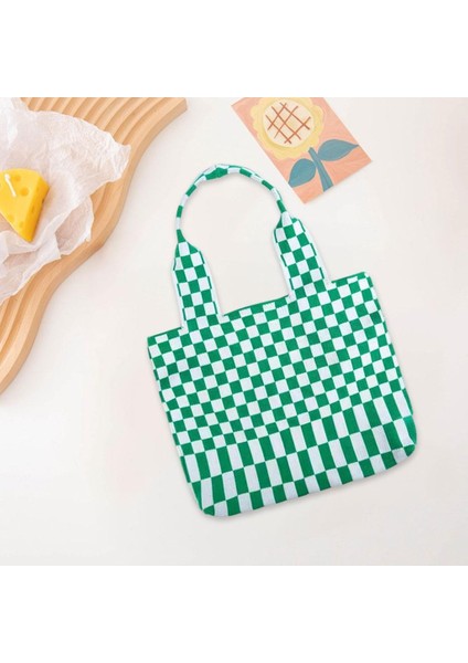 Chic Checkerboard Kadın Kızlar Örme Omuz Çantası Casual Tote Yeşil Mavi(Yurt Dışından)