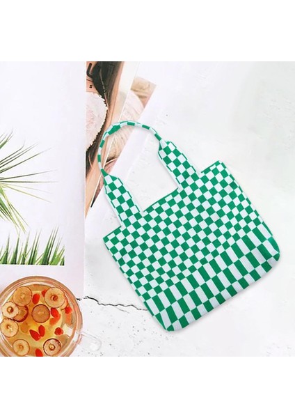 Chic Checkerboard Kadın Kızlar Örme Omuz Çantası Casual Tote Yeşil Mavi(Yurt Dışından)