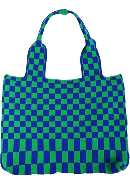 Chic Checkerboard Kadın Kızlar Örme Omuz Çantası Casual Tote Yeşil Mavi