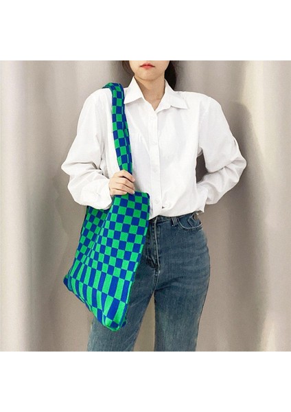 Chic Checkerboard Kadın Kızlar Örme Omuz Çantası Casual Tote Yeşil Mavi