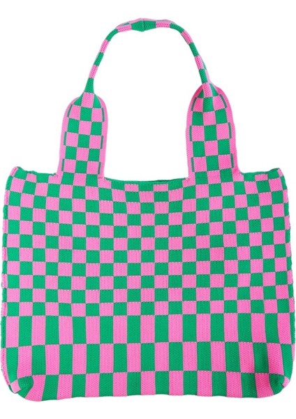 Chic Checkerboard Kadın Kızlar Örme Omuz Çantası Casual Tote Yeşil Mavi