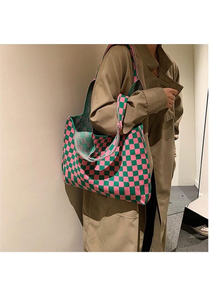 Chic Checkerboard Kadın Kızlar Örme Omuz Çantası Casual Tote Yeşil Mavi