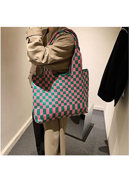 Chic Checkerboard Kadın Kızlar Örme Omuz Çantası Casual Tote Yeşil Mavi