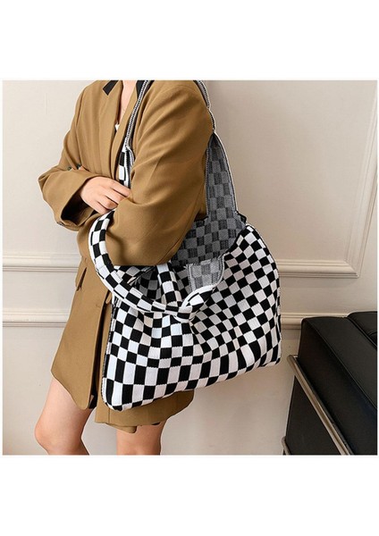 Chic Checkerboard Kadın Kızlar Örme Omuz Çantası Casual Tote Yeşil Mavi