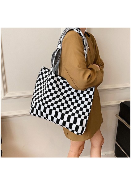 Chic Checkerboard Kadın Kızlar Örme Omuz Çantası Casual Tote Yeşil Mavi