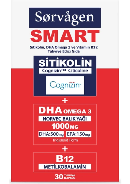 Smart Sitikolin, Dha Omega 3 Ve B12 (30 Kapsül) Norveç Balık Yağı