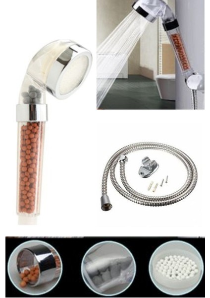 Tasarruflu ve Arıtmalı Duş Başlığı Tazyikli Banyo Hortum Askı Aparatı Komple Set
