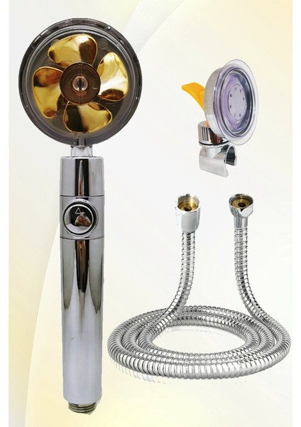 Pervaneli Gold Jet Duş Başlığı Duş Hortumu ve Vantuzlu Mafsal Set