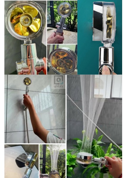 Duş Başlığı Turbo Gold Pervaneli New Tasarım Start Stop Tuşu Duş Başlığı 360 Derece Döner