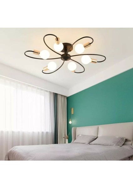 Mars 6’lı Spor Modern Gold Detaylı Siyah Tavan Plofonyer Avize (Ampulsüz)