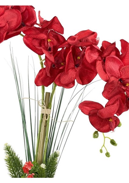Yapay Çiçek 2 Dal Kırmızı Orkide Gri Seramik Saksıda Orkide (60 Cm)