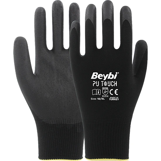 Beybi Pu Touch Polyester Örme Lateks Eldiven-Siyah-No:10-1 Çift