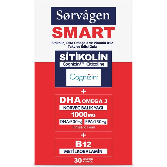 Sorvagen Smart Sitikolin, Dha Omega 3 Ve B12 (30 Kapsül) Norveç Balık Yağı