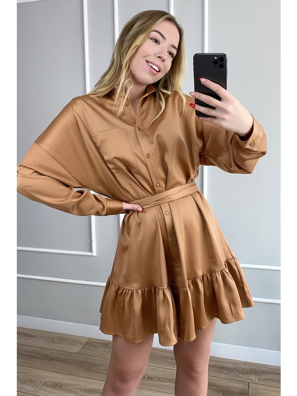 Axxel Güler Tekstil Kuşaklı Saten Gömlek Elbise 4031 Kahverengi