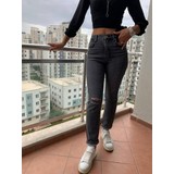 Elim Antrasit Straight Likralı Yırtıklı Jean Pantolon