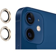 Kupa Apple iPhone 12 ​​​​kamera Lens Koruyucu Tam Koruma Sıvı Dayanıklı Renkli Taşlı Kenar -Gold