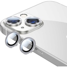Kupa Apple iPhone 13 Mini Kamera Lens Koruyucu Tam Koruma Sıvı Dayanıklı Renkli Taşlı Kenar -Gümüş