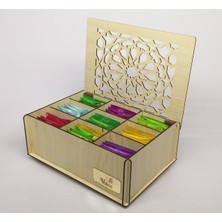 Cokleas Ahşap Akça Renk Çay Kutusu 9 Bölmeli Kapaklı Poşet Bitki Çayı Saklama Kabı Tea Box ( Çaylar Dahil)