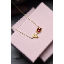 Papatya Silver 925 Ayar Gümüş Gold Kaplama Fuşya Taşlı Lale Kolye