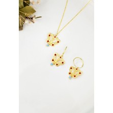 Papatya Silver 925 Ayar Gümüş Altın Kaplama Mineli Akua Taşlı Kelebek Kolye Küpe Set