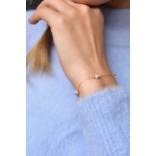 Papatya Silver 925 Ayar Gümüş Gold Renk Kaplama Dorika Toplu Incili Kadın Bileklik UVPST200002