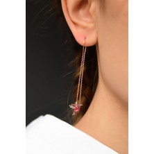 Papatya Silver 925 Ayar Gümüş Rose Kaplama Rubi Mor Taşlı Zincir Kuş Küpe